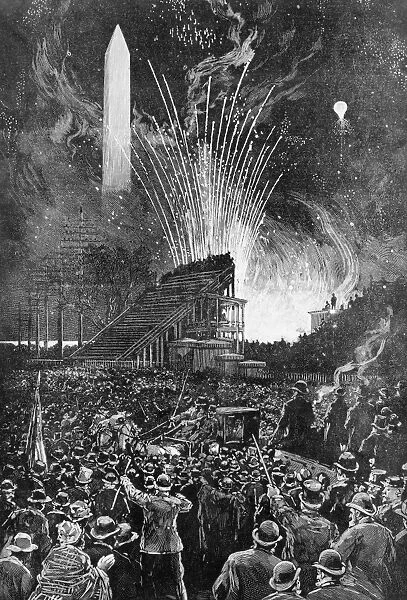 Evening fireworks at Washington, D. C. 4 March 1885, following the inauguration of Grover Cleveland as 22nd President of the United States. Wood engraving from a contemporary newspaper