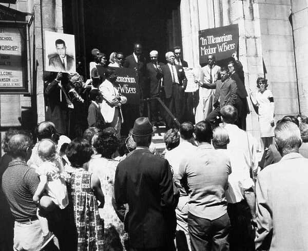 EVERS MEMORIAL, 1963. Reverend R. L. T. Smith addressing a crowd at a memorial service
