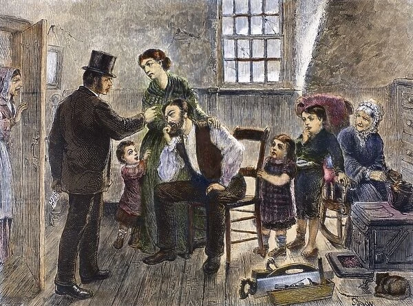 EVICTION, 1873. A family being evicted by their landlord. Wood engraving, American, 1873