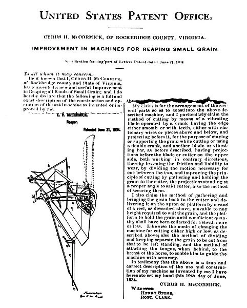 Excerpts from the patent issued by the U. S. Patent Office on 21 June 1834 for Cyrus McCormicks horse-drawn reaper, including a drawing of the invention at left, and McCormicks description of its operation at right