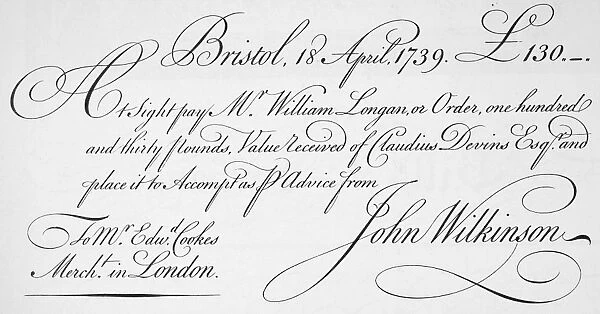 BILL OF EXCHANGE, 1739. An English bill of exchange issued at Bristol, 1739. English