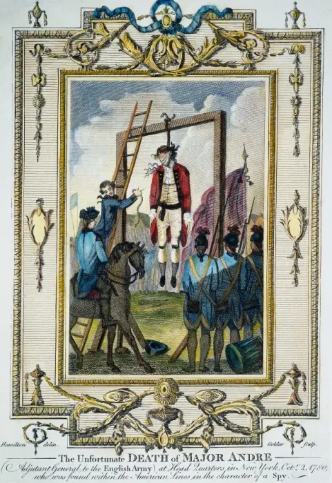 Framed Print : The execution of Major John Andre at Tappan, New York, on 2 October 1780. Copper engraving, English, c1783