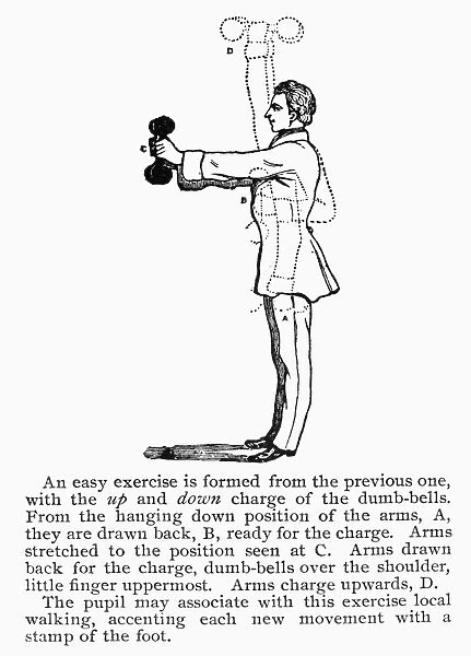 EXERCISE, 19th CENTURY. Weight training using dumbbells. Illustration from a mid-to-late 19th century American exercise manual
