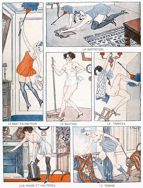 EXERCISE AT HOME, 1921. The benefits of not having a maid and having to do the