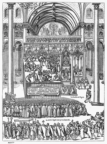 EXORCISM, 1566. The exorcism of Nicole Aubry by a bishop at the cathedral of Notre-Dame of Laon, France, c1566. Copy of an engraving by Jean Boulaese, 1575