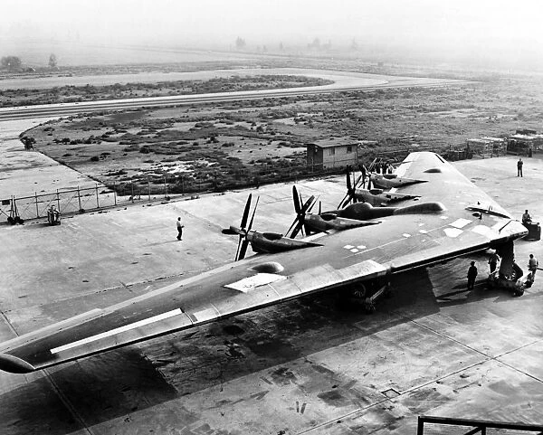 Experimental Northrop Flying Wing XB-35 undergoing outdoor engine and propellor testing