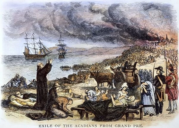 EXPULSION OF ACADIANS 1755. The expulsion of the Acadians from Nova Scotia by the British in 1755: wood engraving, American, 19th century
