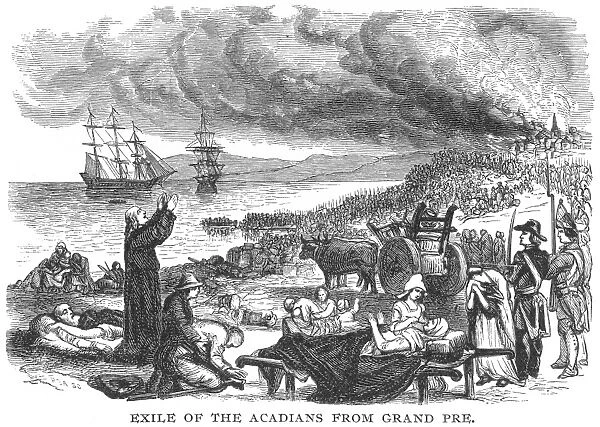 EXPULSION OF ACADIANS 1755. The expulsion of the Acadians from Nova Scotia by the British in 1755: wood engraving, American, 19th century