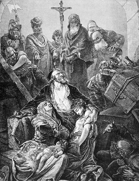 EXPULSION OF JEWS, 1492. The expulsion of Jews from Spain in 1492 by order of King Ferdinand and Queen Isabella. Line engraving, 19th century