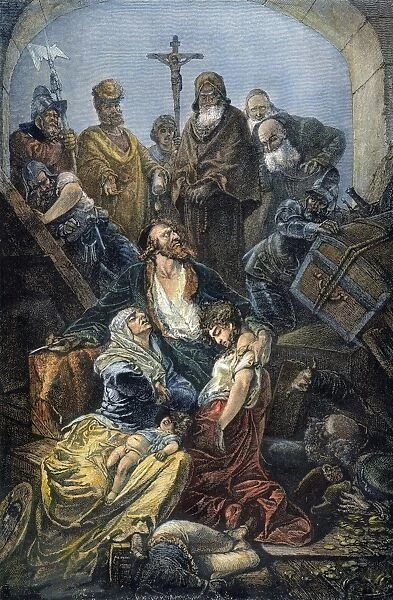 EXPULSION OF JEWS from Spain in 1492, by order of King Ferdinand and Queen Isabella: engraving, 19th century