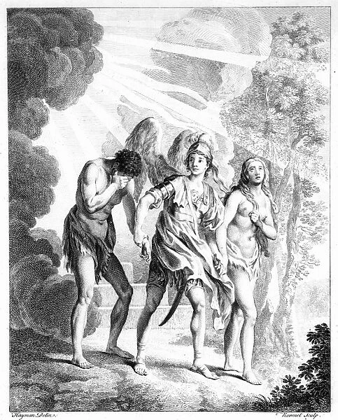 EXPULSION FROM PARADISE. Adam & Eve expelled from Paradise. Etching and engraving, 18th century, from Miltons Paradise Lost