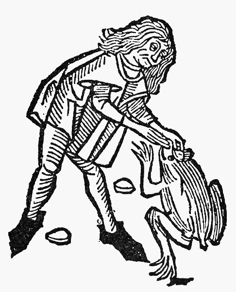 Extracting a bezoar (toadstone) to be used as an antidote against, and as a warning of, the presence of poison. Woodcut from Peter Sch├Âffers Hortus Sanitatis, Mainz, Germany, 1491