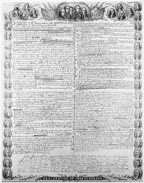 Facsimilie of the original draft of the Declaration of Independence with portraits of the signers as a border. Lithograph, 1896, by Kurz & Allison