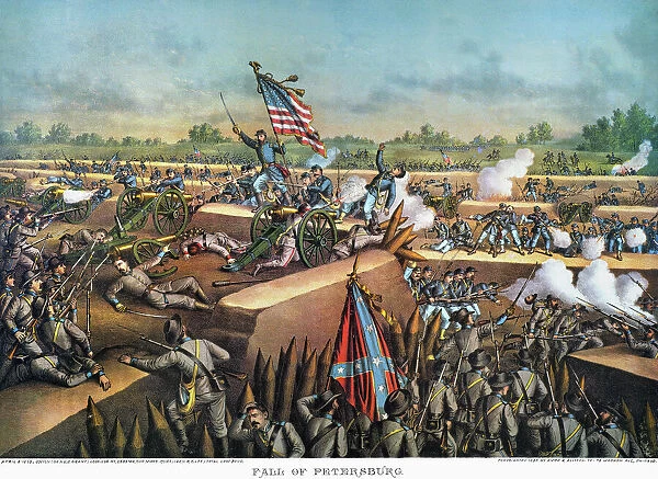 FALL OF PETERSBURG, 1865. The Fall of Petersburg, Virginia, during the American Civil War, 2 April 1865. Lithograph, 1893, by Kurz & Allison