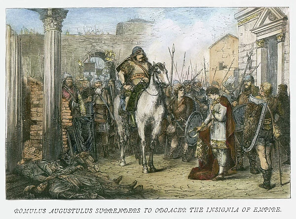 FALL OF ROME, 476. Romulus Augustulus (b. 461?), last Roman emperor of the West, deposed by Odoacer in 476. Wood engraving, 19th century