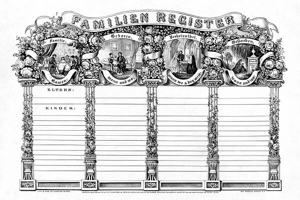 FAMILY REGISTER, c1869. Illustrated family register template, written in German