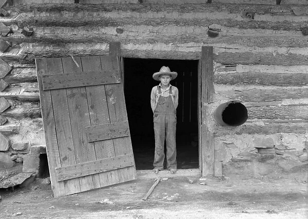 FARM BOY, 1939. A farmers son standing in the doorway of a tobacco barn in Person County