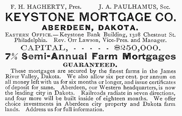 FARM MORTGAGES AD, 1889. American magazine advertisement, 1889, for the Keystone Mortgage Company