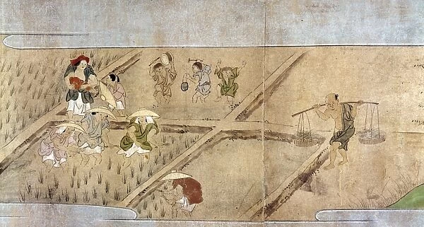 Farmers digging up the paddies before seeding the rice. Japanese scroll painting, late-16th century