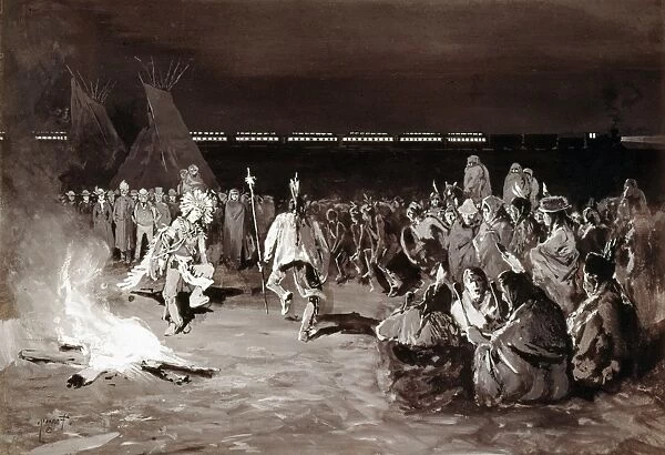 FARNY: CROW DANCE, c1883. Crow Native Americans performing a dance by a campfire