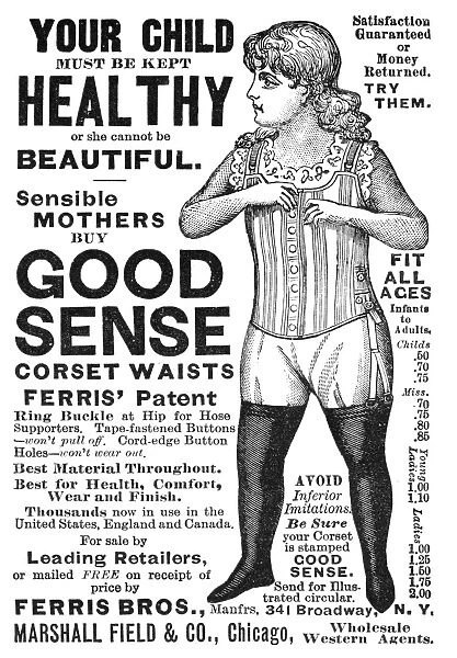 FASHION: CORSET, 1890. Advertisement for childrens corset, American, 1890