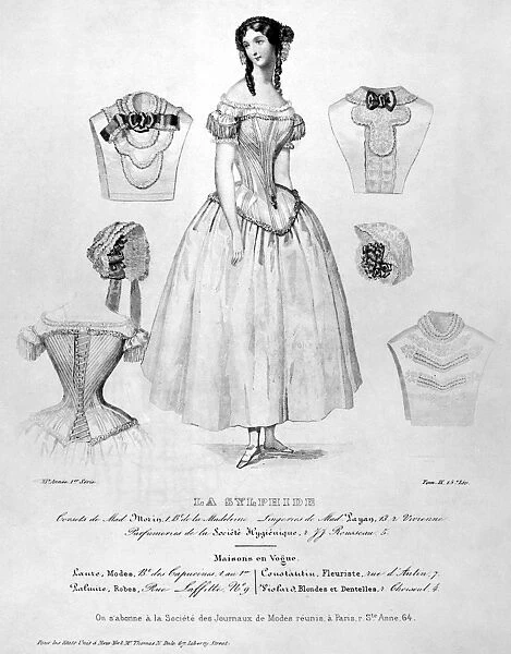 FASHION: CORSET, c1850. Advertisement for corsets and undergarments as worn by performers in the ballet La Sylphide. Steel engraving, French, c1850