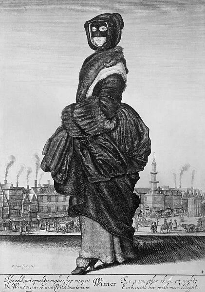 FASHION: FUR COAT, 1643. A woman wearing a mask and fur coat before Cheapside, London, England