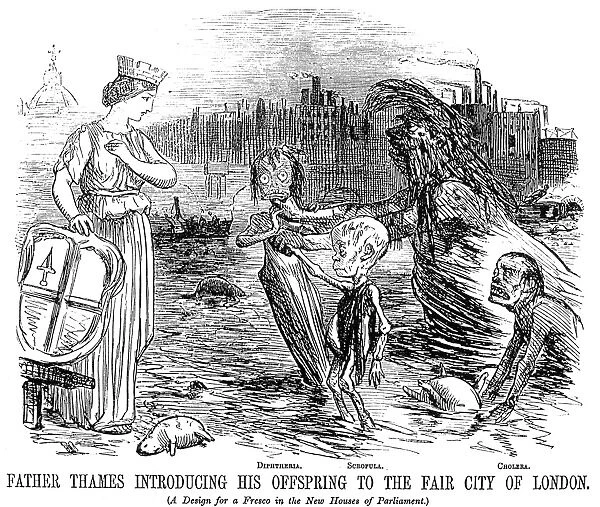 Father Thames Introducing His offspring to the Fair City of London. English cartoon, 1858, by John Leech on the need to provide proper sanitation and save the citys water supply from epidemics of diphtheria, scrofula, and cholera