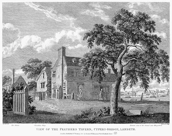 The Feathers Tavern at Cupers-Bridge, Lambeth, near London, England. Line engraving, English, 1825