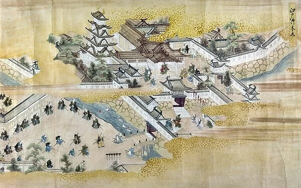 Feudal lord and samurai approach castle in Edo built by Ieyasu. Scroll painting, early 17th century