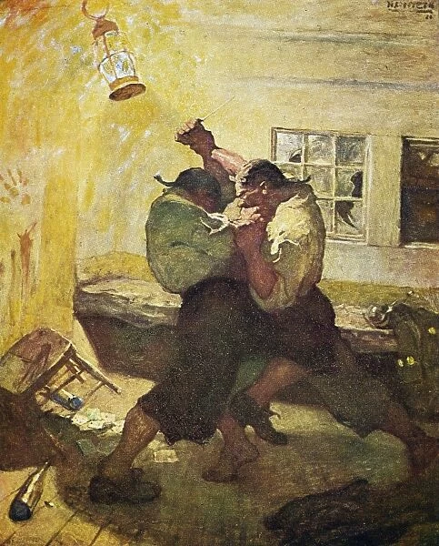 The fight in the cabin. Illustration, 1911, by N. C. Wyeth for Robert Louis Stevensons Treasure Island