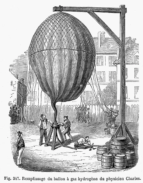 Filling Jacques Alexandre Cesar Charles balloon with hydrogen gas, c1783. Wood engraving, French, 1880