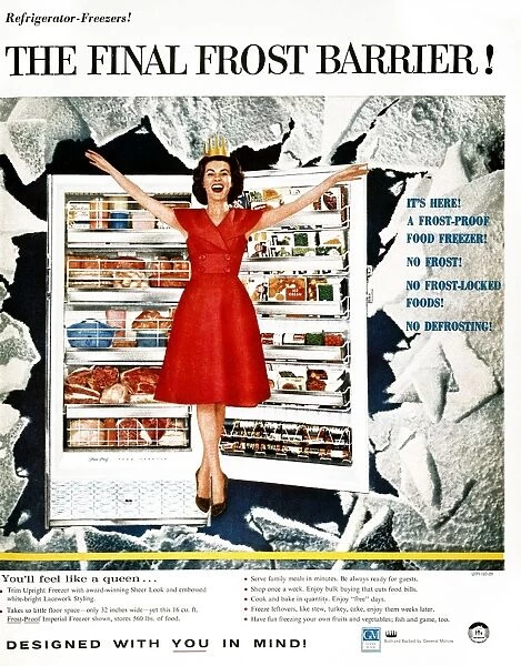 The Final Frost Barrier! Advertisement for General Motors Frost-Proof Imperial Freezer from an American magazine of 1959