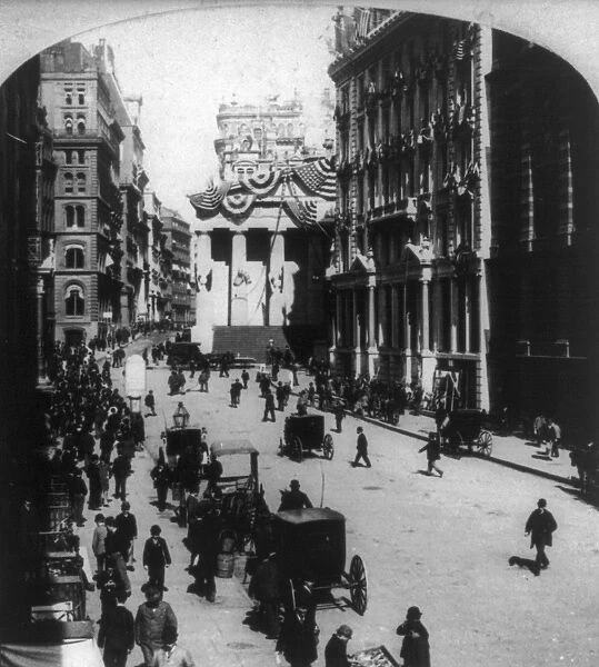 FINANCIAL CENTRE, c1900. The corner of Broad Street and Wall Street, New York City