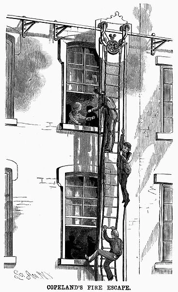 FIRE ESCAPE, 1883. Wood engraving, American, 1883
