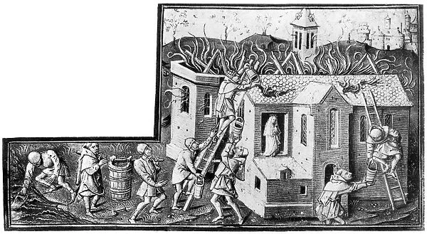 FIREFIGHTING, 1400s. Saving an image of the Virgin from a church on fire