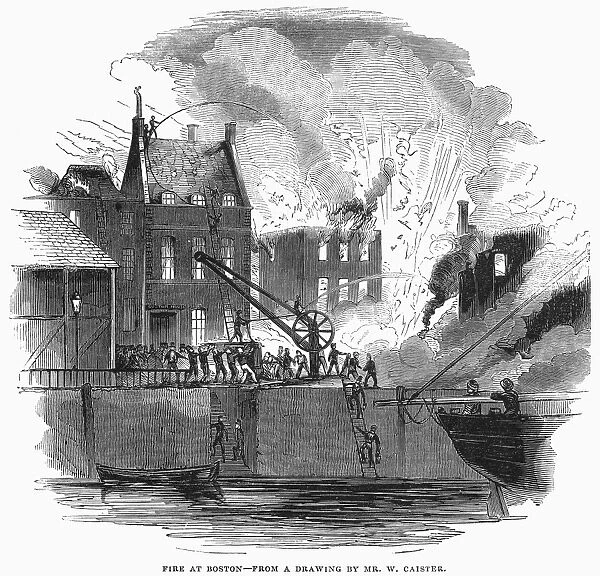FIREFIGHTING, 1844. At a fire in Boston, men lift buckets of water from the harbor