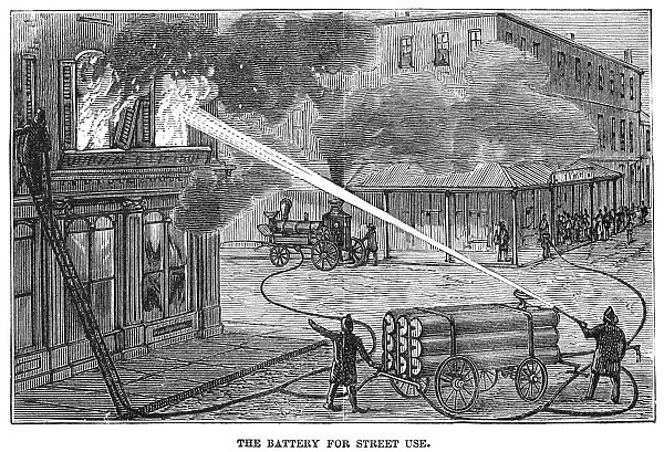 FIREFIGHTING, 1876. Demonstration of a battery for fighting fires from the street