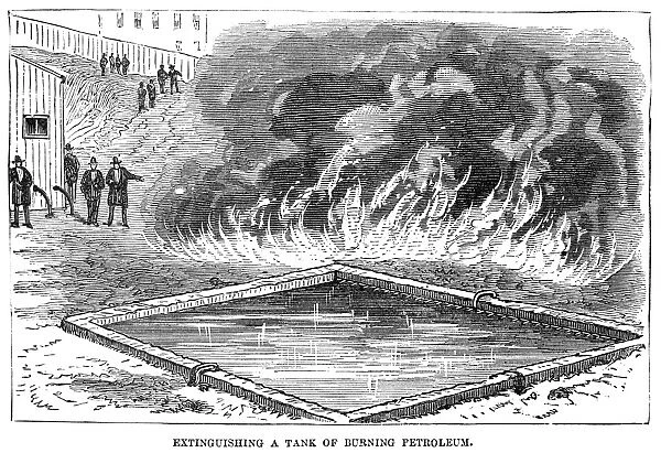 FIREFIGHTING, 1876. Demonstration of extinguising a tank of burning petroleum, at 59th Street