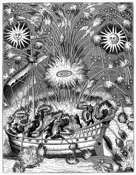 Fireworks on water with an imitation of naval combat. Copper engraving, French, 1630