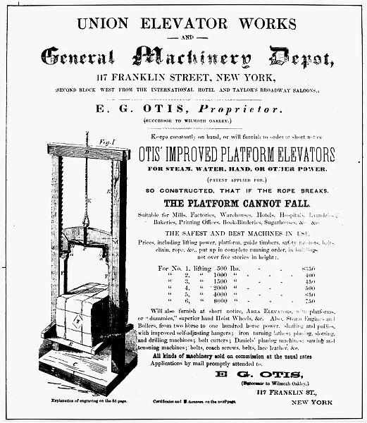 The first advertisement for an Otis freight elevator