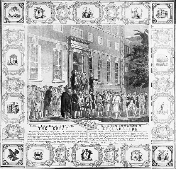 The First Announcement of the Great Declaration (of Independence). John Nixon making the first public reading of the Declaration of Independence in the States House Yard, Philadelphia, Pennsylvania, on 8 July 1776. Wood engraving, American, 1860