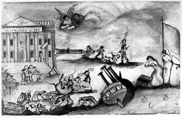 FIRST BANK OF U. S. 1811. Contemporary American lithograph cartoon depicting the