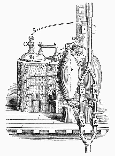 The first commercially successful steam engine, patented in England by Thomas Savery in 1698. Wood engraving, 19th century