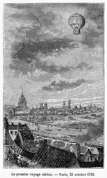 The first flight of the Montgolfier balloon. Shown flying over Paris, 21 October 1783