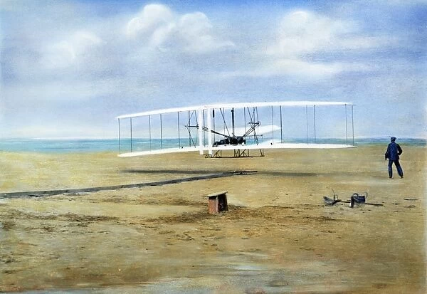 The first heavier-than-air flight of the Wright Brothers at Kitty Hawk, North Carolina, on 17 December 1903. Orville Wright is at the controls, Wilbur is on the ground. Oil over a photograph