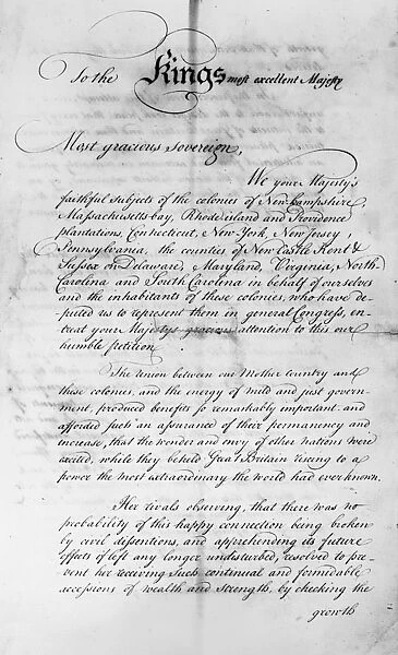First page of the Olive Branch Petition, adopted by the Continental Congress in July 1775 to prevent further conflict with Great Britain. The petition was rejected