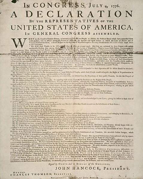 The first printing of the Declaration of Independence, also known as the Dunlop Broadside. Printed by John Dunlop, in Philadelphia, 4 July 1776