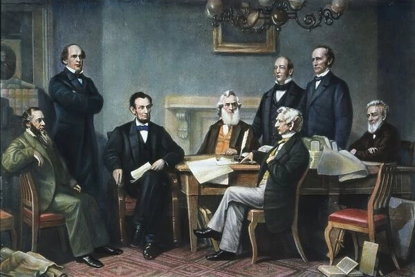 The first reading of the Emancipation Proclamation before Abraham Lincolns cabinet in 1862; standing left to right: Salmon P. Chase, Caleb B. Smith, Montgomery Blair; seated left to right: Edwin M. Stanton, President Lincoln, Gideon Welles, William H. Seward, Edward Bates. Color engraving, 1866