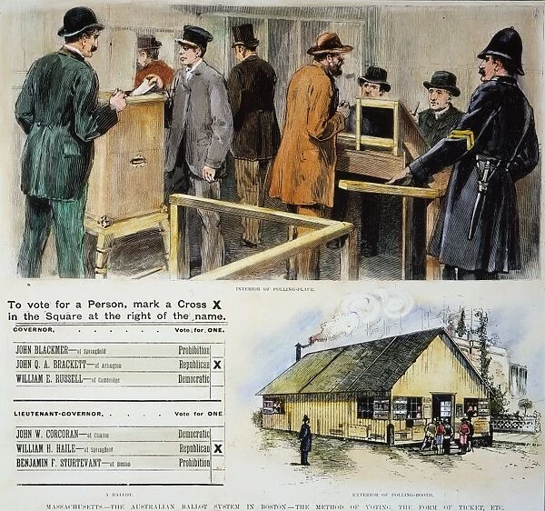 FIRST SECRET BALLOT, 1889. The Australian (secret) ballot system in use at Boston, Massachusetts, in 1889. Contemporary American wood engraving
